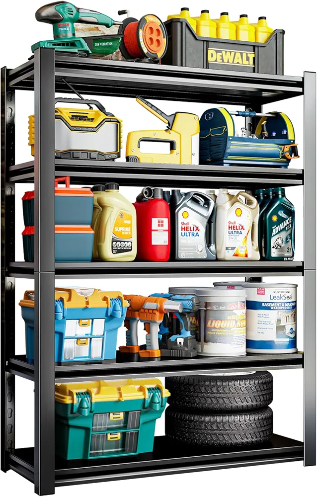 5 Tier Garage Shelving Units 72" H Storage Adjustable Shelves 2000LBS Heavy Duty Metal Shelves Utility Industrial Shelving Rack for Garage Warehouse Pantry Basement,Black (15.7" D×35.4" W×72" H)