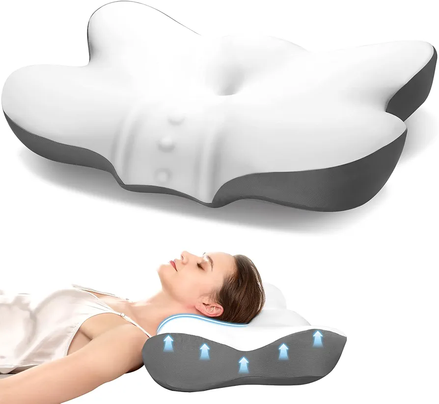 Cervical Neck Pillow with 2 Heights (5.31/3.54 in), Queen Size Bed Pillow with Cooling Pillowcase, Contoured Memory Foam Pillow for Side, Back & Stomach Sleepers, Ergonomic Pillow for Neck Pain Relief