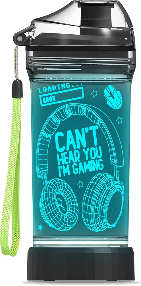 YuanDian Can't Hear You I'm Gaming Water Bottle, Headphone 7 Color Lights 3D Light up Drinking Cups Gifts for Gamers Boys, BPA Free & Leak Proof Flip Top Lid & Easy Clean & Carry Handle, 14oz/400ml