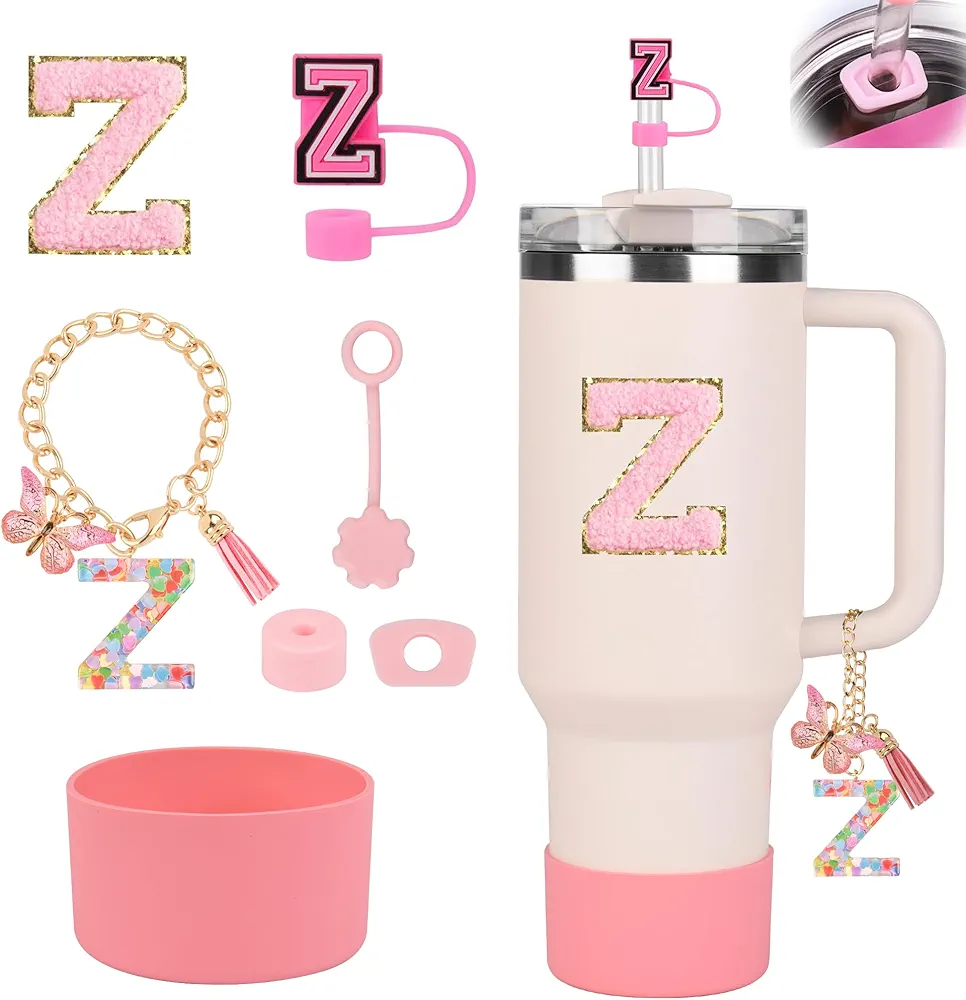 Stanley Cup Accessories Set for Stanley Cup 30oz 40oz, Stanley Tumbler Accessories Including Silicone Straw Cover Cap and Boot, Spill Proof Stopper, Cute Letter Keychain Handle Charm, Sticker (Z)