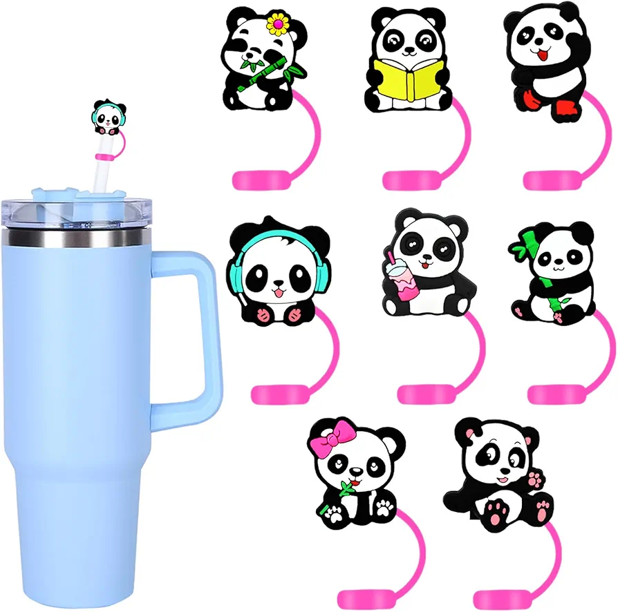 Panda Straw Covers, Straw Protectors, Reusable Silicone Caps for Stanley 30&40 Oz Cups, 10mm Straws, Pink, 8Packs