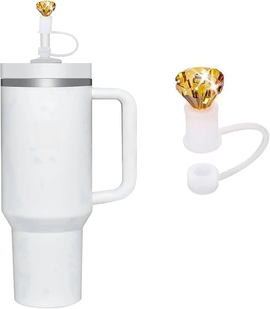 Diamond Straw Toppers for Stanley Cup, Silicone Straw Covers for Stanley Cup 30&40Oz, Dust-Proof Straw Topper, Reusable Straw Cover for Stanley Tumbler Accessories 10mm (Yellow)