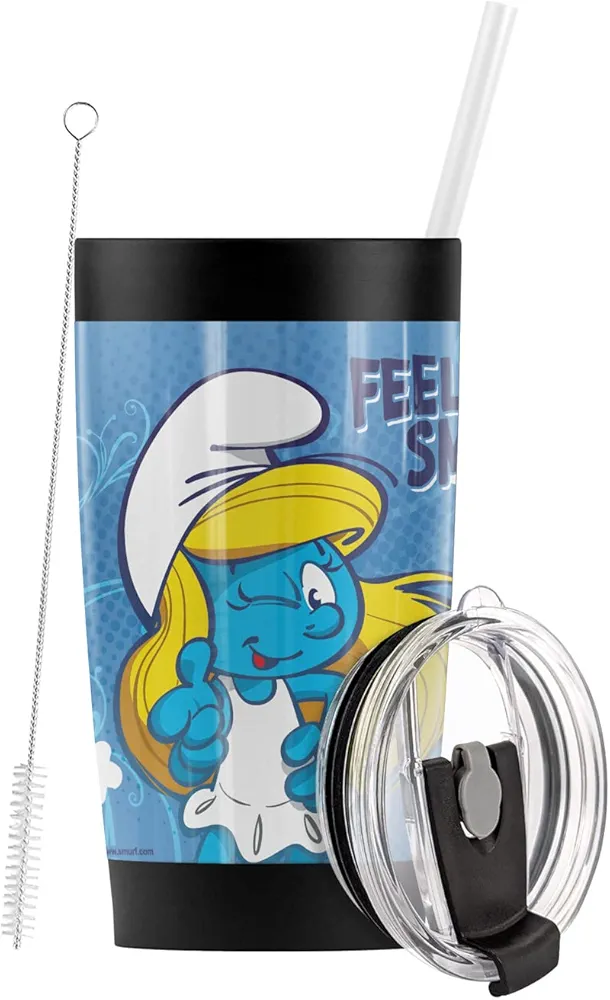 Logovision The Smurfs Smurfette Floral Feeling Smurfy Stainless Steel Tumbler with Straw and Flip Lid 20 oz Travel Mug/Cup, Vacuum Insulated & Double Wall with Leakproof Dual Lid