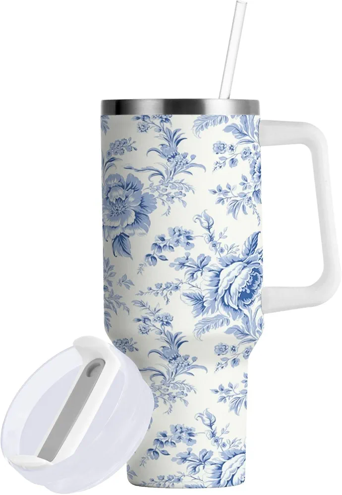 Vintage French Floral Insulated Tumblers Blue Pattern Reusable Stainless Steel Tumbler 40 oz Cup Coffee Travel Mug Water Bottle with Handle & Flip Straw for Home Office Car