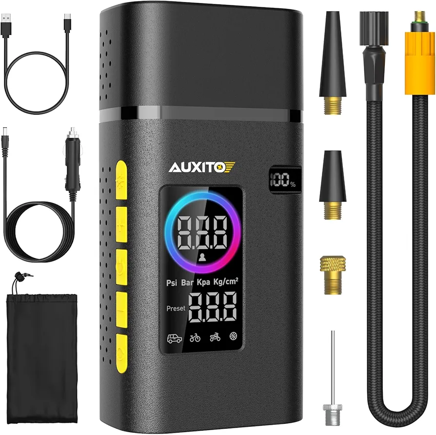 AUXITO Tire Inflator Portable Air Compressor, Portable Air Pump for Car Tires with Large Dual Digital Screen & Emergency LED Light, 4X Faster Inflation for Cars Motorcycle Bikes Balls