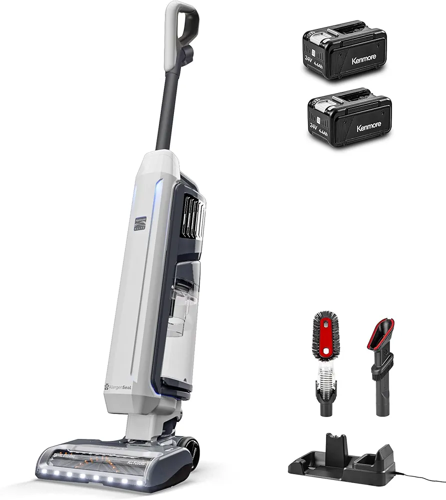Kenmore CU7005 Litening 24V Cordless Upright Vacuum with Lift-Up & Hair Eliminator Nozzle, Brushless Motor, Up to 80 Mins of Runtime, HEPA Filter & LED Display for Carpets, Hard Floor & Pets, White