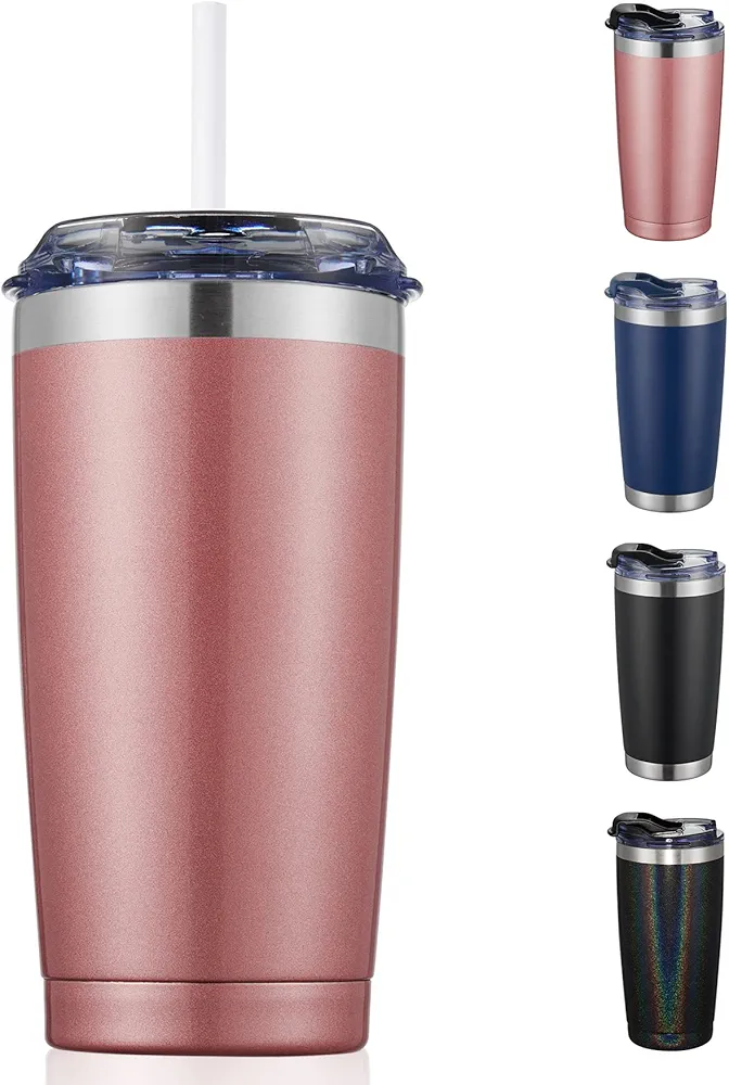 CIVAGO Insulated Tumbler with Lid and Straw, 20 oz Stainless Steel Vacuum Coffee Tumbler, Double Wall Coffee Cup, Thermal Travel Coffee Mug for Hot and Cold Drinks, Rose Gold