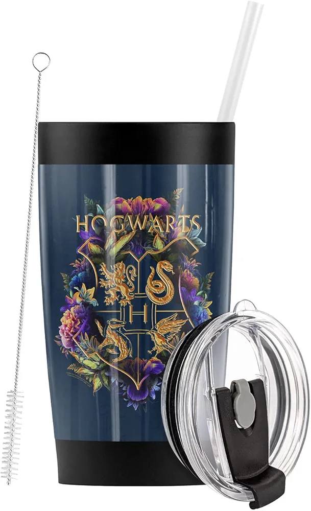 LOGOVISION Harry Potter Hogwarts Floral Crest Stainless Steel Tumbler with Straw and Flip Lid 20 oz Vacuum Insulated & Double Wall with Leakproof Dual Lid | Great for Iced Coffee and Hot Beverages