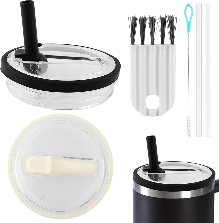 2 Pcs 40 Oz Tumbler Flip Straw Lid Replacement Compatible with Stanley Quencher, Reusable Tumbler Cover, Spill Proof Splash Resistant Tumbler Lids, with Straws, Straw Brush