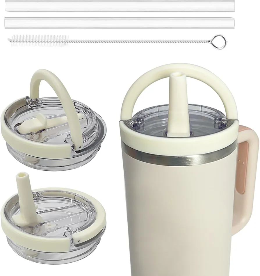 2 Pack 40 oz Tumbler Flip Straw Lid with Handle, Compatible with Stanley Quencher and HydroJug, Leak-Proof, Splash-Resistant, With 2 Straws and 1 Straw Brush, Reusable Replacement Set (Cream White)