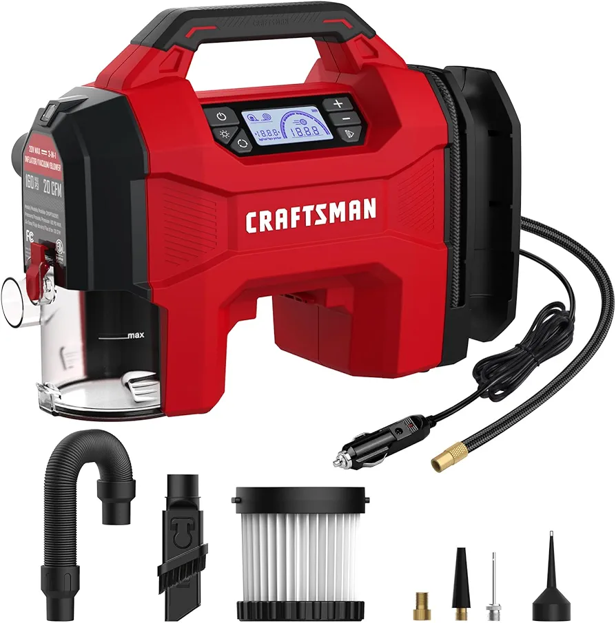 CRAFTSMAN Inflator/Vacuum/Blower 3-IN-1, Tire Inflator Portable Air Compressor with LED Light, Car Vacuum or Blower, Ultra Quiet, Max Pressure 160 PSI, 12V DC Corded And 20V DC Cordless Battery