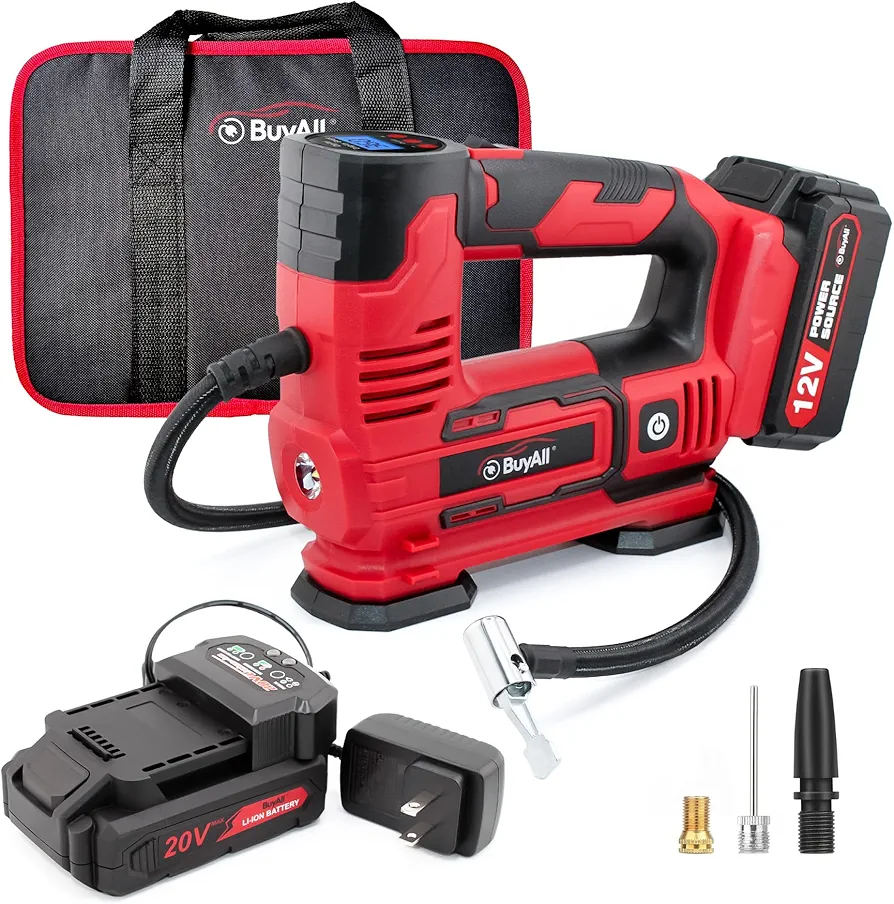 Cordless Tire Inflator with Rechargeable 20V Li-ion Battery, 12V Portable Air Compressor with Digital Pressure Gauge for Car, Bike Tires, and Sports Balls