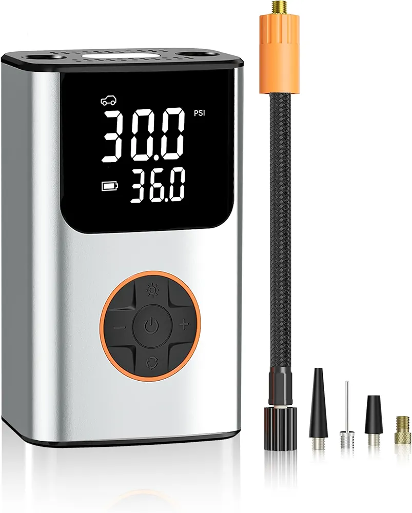 Tire Inflator Portable Air Compressor, Bike Pump, 150PSI Air Pump for Car Tires with LCD Dual Screen and Digital Tire Pressure Gauge, Air Compressor for Bicycle, Motorcycle, Compact Car, Ball(Silver)