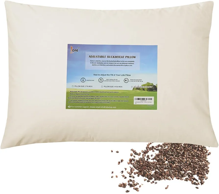 LOFE Organic Buckwheat Pillow for Sleeping - 14''x20'', Adjustable Loft, Breathable for Cool Sleep, Cervical Support for Back and Side Sleepers(Tartary Buckwheat Hulls)