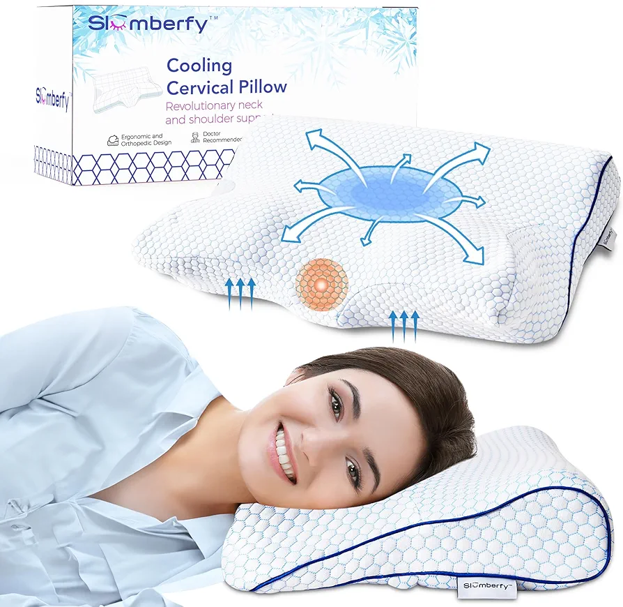 Cooling Cervical Pillow for Neck Pain Relief - Contoured Support for All Sleep Positions - Neck & Spine Alignment Cushion - Breathable, Hypoallergenic Comfort