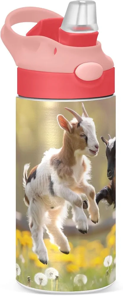 Playful Goats Pattern Kids Water Bottle, Insulated Stainless Steel Water Bottles with Straw Lid, 12 oz BPA-Free Leakproof Duck Mouth Thermos for Boys Girls