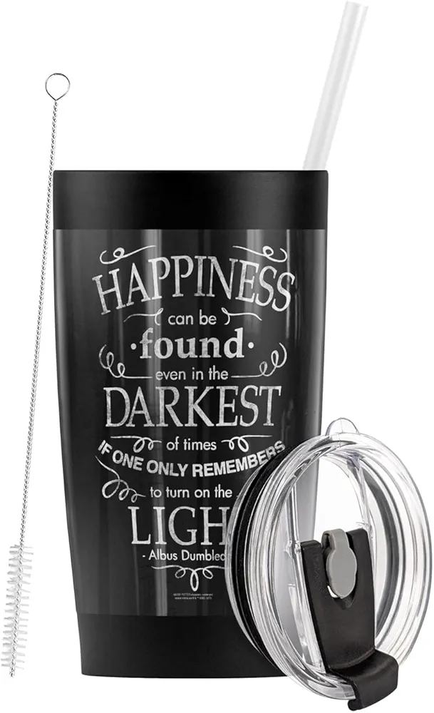 LOGOVISION Harry Potter Happiness Quote Stainless Steel Tumbler with Straw and Flip Lid 20 oz Vacuum Insulated & Double Wall with Leakproof Dual Lid | Great for Iced Coffee and Hot Beverages