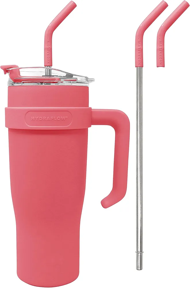 HYDRAFLOW Capri - 40oz Tumbler with Straw and Handle - Triple Wall Vacuum Insulated Tumbler - Insulated Smoothie Cup - Stainless Steel Tumbler - Reusable Tumbler with Lid - Coral