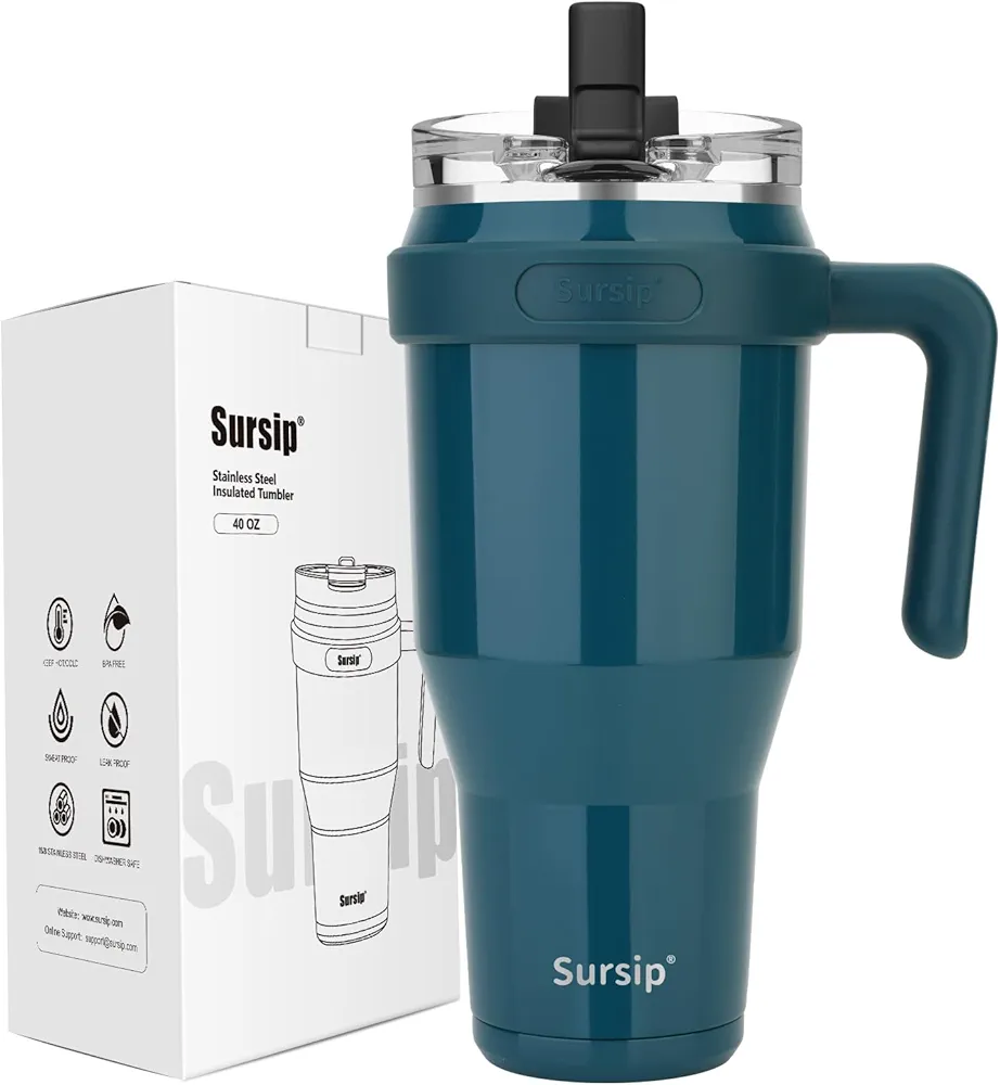 Sursip 40oz Insulated Tumbler with Handle and Flip Straw,Stainless Steel Travel Mug 2 in 1 Straw Lid-Leak Proof Keeps Drinks Cold for 24 Hours-Sweat Proof,Fit in Cup Holder-Dark green