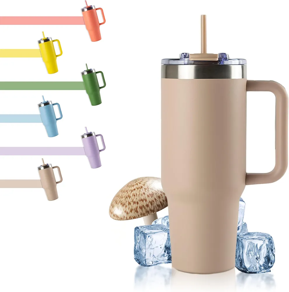Hogg Big Swig 40 oz Tumbler with Handle and Straw - Mushroom, Advanced Design Spill Proof Tumbler with Straw, Stainless Steel Tumbler with Lid and Straw, 40oz Tumbler with Handle, Beige Tumbler