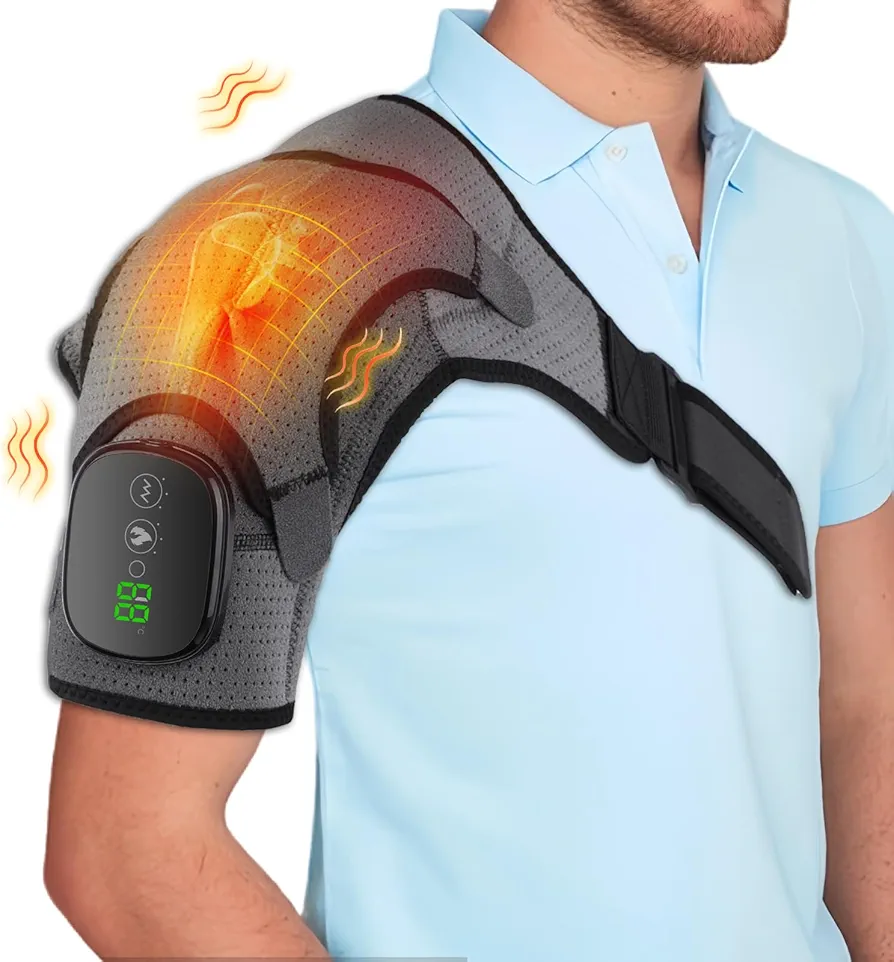 Cordless Heated Shoulder Brace Wrap, Shoulder Heating Pad with Massage, 3 Heat & Vibration, 5000mAh Battery Powered, Shoulder Massager for Men Women
