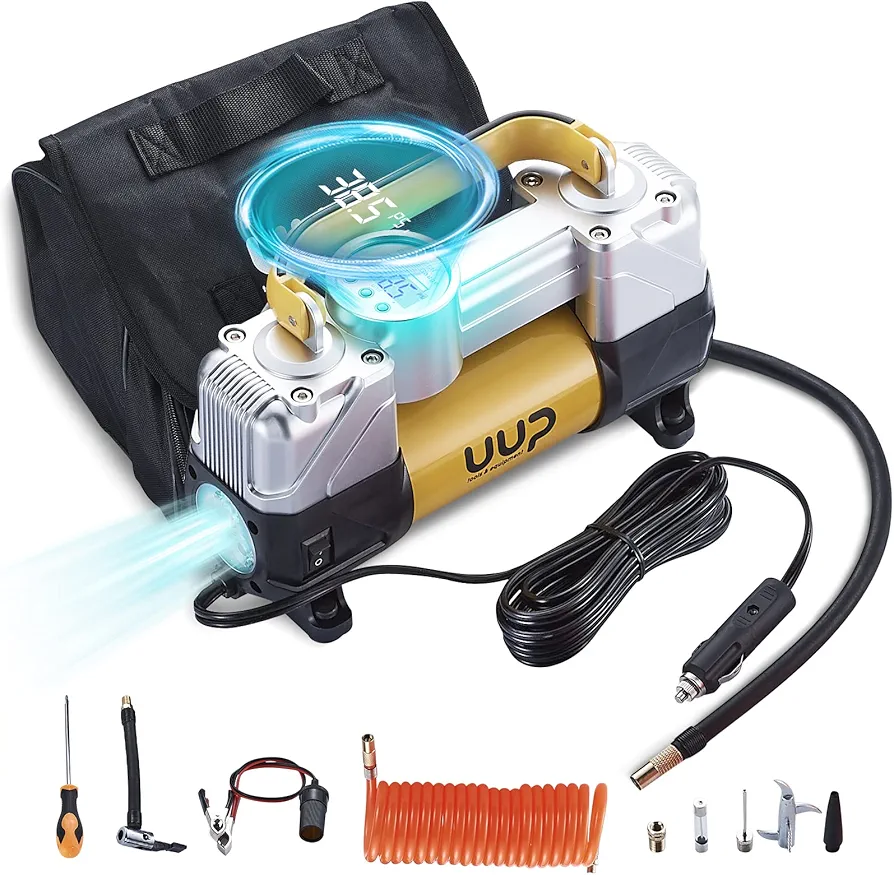 Portable Digital Car Tire Inflator with Gauge Auto Shut-Off, 150PSI 12V DC Double Cylinders Heavy Duty Portable Air Pump w/Emergency LED Light for Truck, SUV, Car, RV…