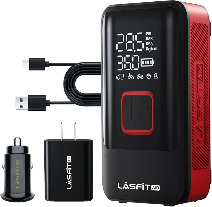 [2024 Upgraded] LASFIT AIR TK1 Tire Inflator Portable Air Compressor [5X Fast Inflation&Fits Large Tires] Smart Cordless Air Pump with Power Kit
