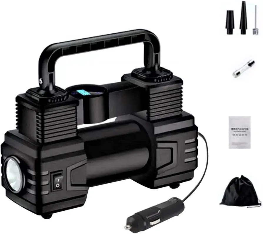 Tire Inflator Portable Air Compressor, Automatic Digital Display Smart Preset Inflation Tire Inflator with LED Light 12V 150PSI Wire Auto Tire Inflator Pump Black