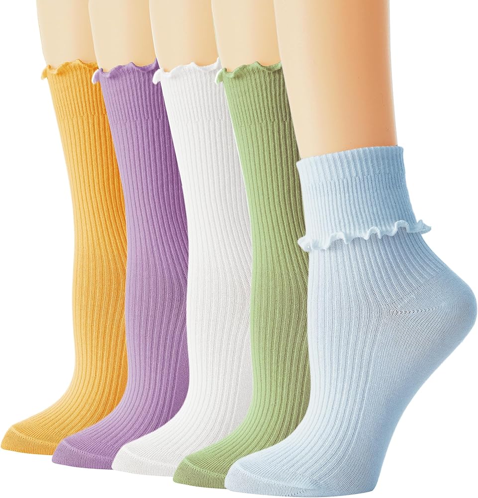 BISOUSOX Ruffle Socks, Womens White Ankle Crew Cute Frilly Socks for Women Girls Turn-Cuff Lettuce Socks Size 5 7-9