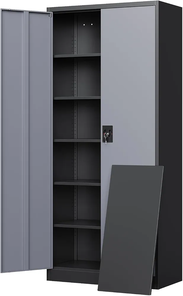 Yizosh Metal Garage Storage Cabinet with Lock, 72" Locking Tool Cabinet with 2 Doors and 5 Shelves, Tall Steel Cabinet for Garage, Heavy Duty File Cabinet for Office, School (Gray Black)