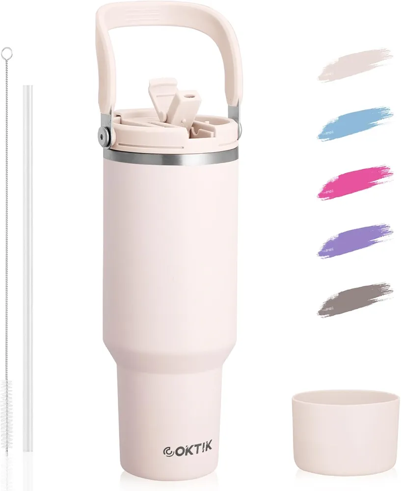 COKTIK 40 oz Tumbler with Handle and Straw, Double Insulated Tumblers with Flip Straw and Top Handle, Leakproof Tumbler, Stanley Cup, Insulated Water Bottle (Rose Quartz)