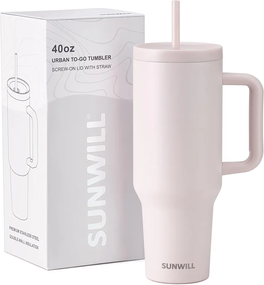 SUNWILL 40 oz Tumbler With Handle and Straw Lid, Coffee Tumbler Cups, Insulated Reusable Stainless Steel Travel Coffee Mug for Office & Outdoor, Cupholder Friendly, Rose Quartz