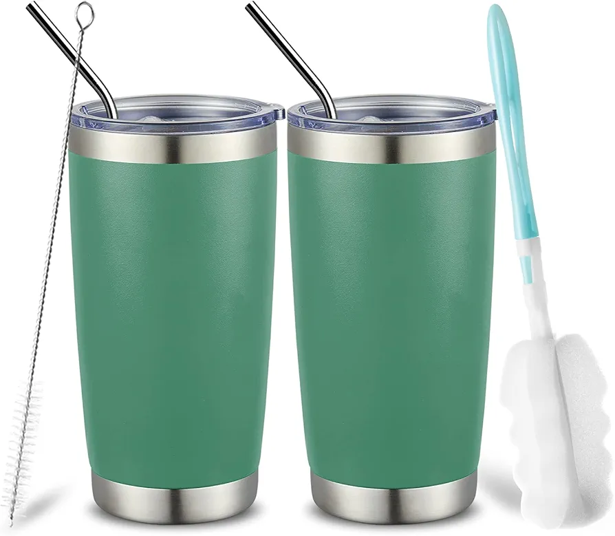 COMOOO 20oz Tumbler Bulk Double Wall Vacuum Insulated Travel Mug, Stainless Steel Tumbler with Lid and Straw Durable Powder Coated Insulated Coffee Cup for Cold & Hot Drinks (Dark Green, 2 pack