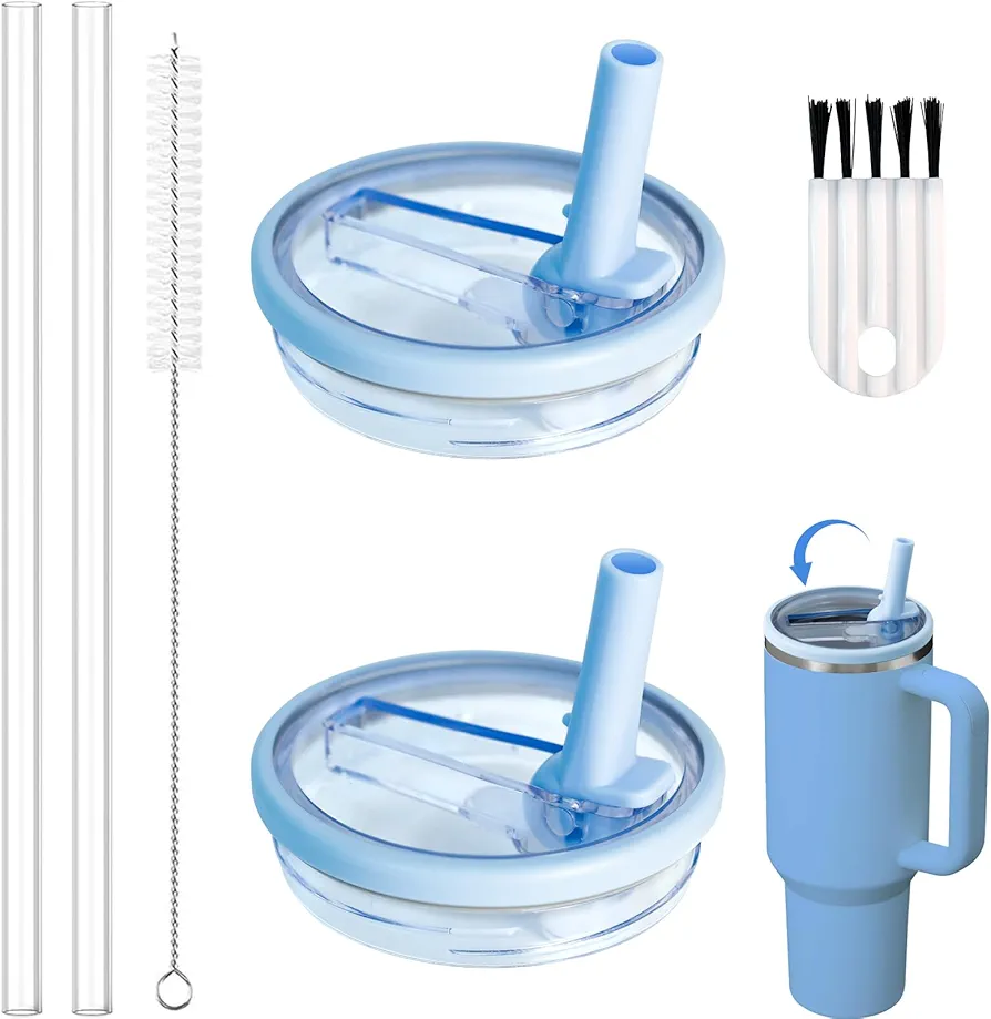 2 PCS Tumbler Flip Straw Lid Fit for Stanley 40 OZ Quencher, Leakproof Replacement Tumbler Lids with Straws and Brush, Splash Resistant Tumbler Lids Covers for Stanley Cup Accessories