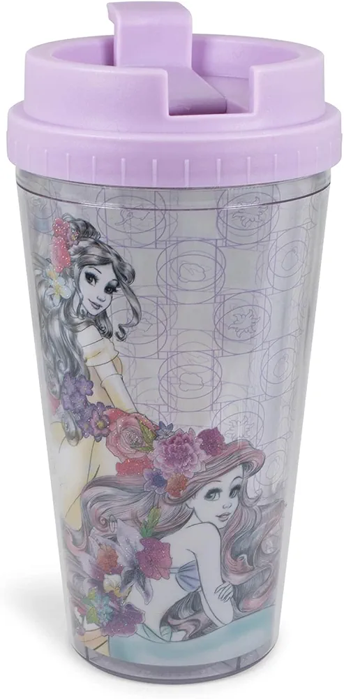 Disney Princesses Double-Walled Plastic Tumbler With Lid | Official Disney Kitchen Accessories | Travel Coffee Mugs, Novelty Drinkware For Home Kitchen Set | Holds 16 Ounces