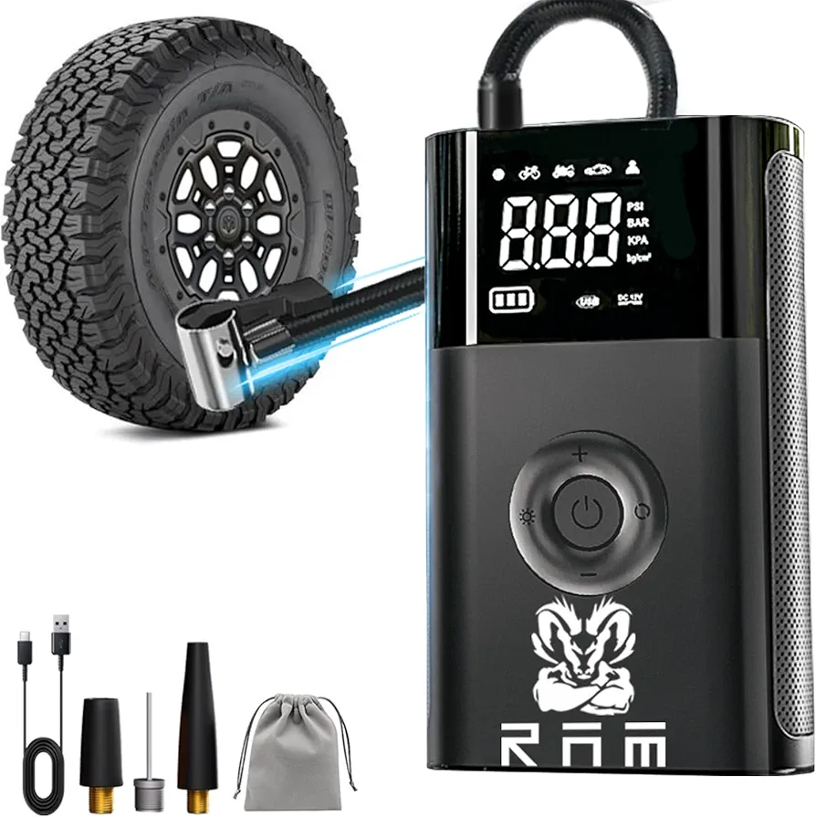 Tire Inflator Air Compressor for R-A-M 1500 2500 3500, Cordless Portable Air Pump, R-A-M Accessories with Tire Pressure Gauge and Emergency Light
