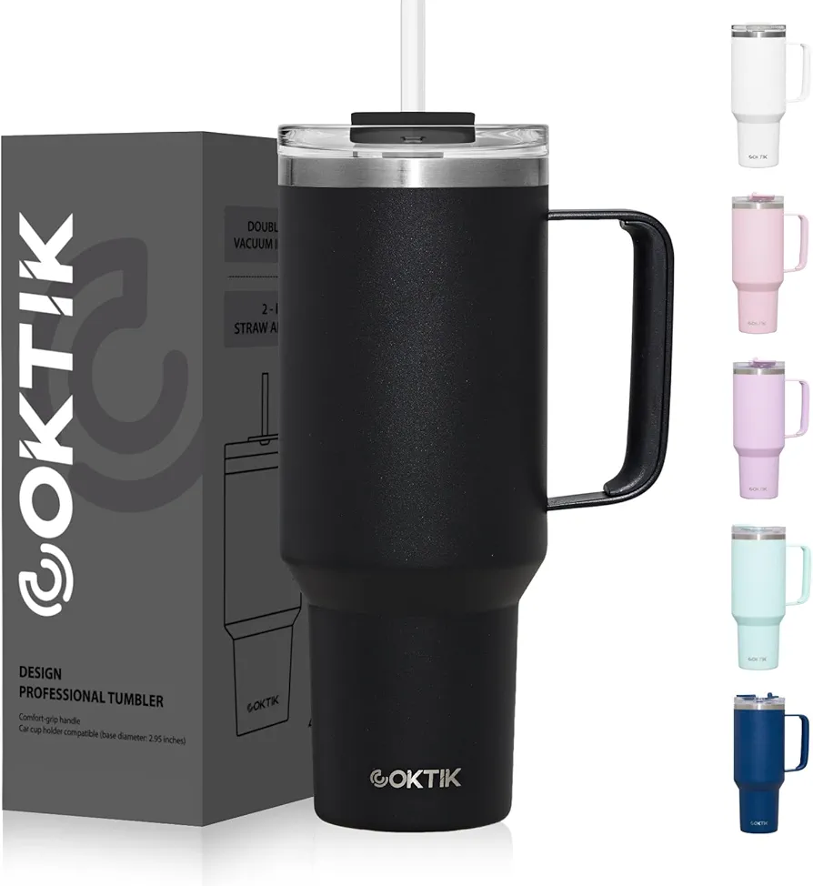 COKTIK 40 oz Tumbler With Handle and Straw Lid, Vacuum Insulated Travel Coffee Mug Stainless Steel Insulated Cup for Beverages, Leak-proof, Cupholder Friendly (Black)