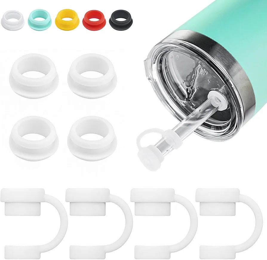 Spill Stopper for YETI Straw Cup, 4 Sets Silicone Leak Stopper Compatible with YETI Tumbler, Leak Proof Kit of YETI Mug Accessories Including 4 Straw Cover, 4 Leak Proof Stopper (White 4PCS)