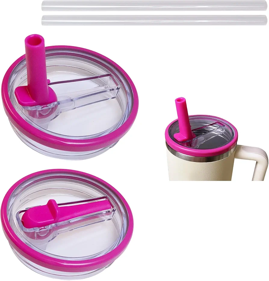 2PCS Tumbler Flip Straw Lid Replacement Fit for Stanley Quencher 40 oz, Leak-Proof, Straw Lid Replacement Fit for HydroJug Traveler,Reusable Tumbler Cover (Rose red)