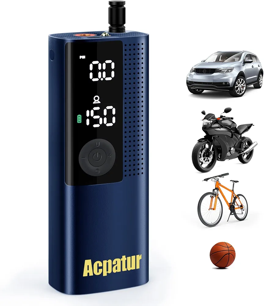 [LCD Dual Screen] Portable Air Compressor Tire Inflator, Acpatur 150 PSI Cordless Air Pump with 4000mAh Rechargeable Battery for Cars,bikes, Motorcycles, Balls, Not Suitable for Trucks