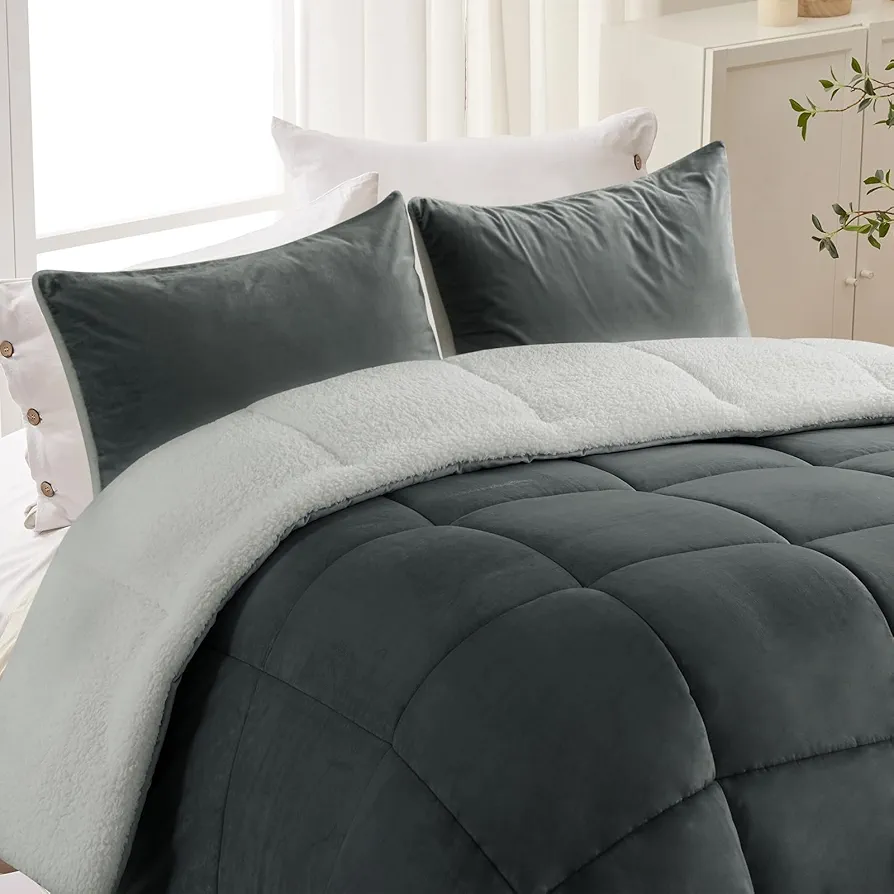 Micromink Sherpa Comforter Set 3 Piece Bed Set Queen Comforter Set Double-Sided Queen Size Breathable Fleece Down Alternative Comforter 2 Pillowcases Machine Washable(Charcoal + White,88"x88")