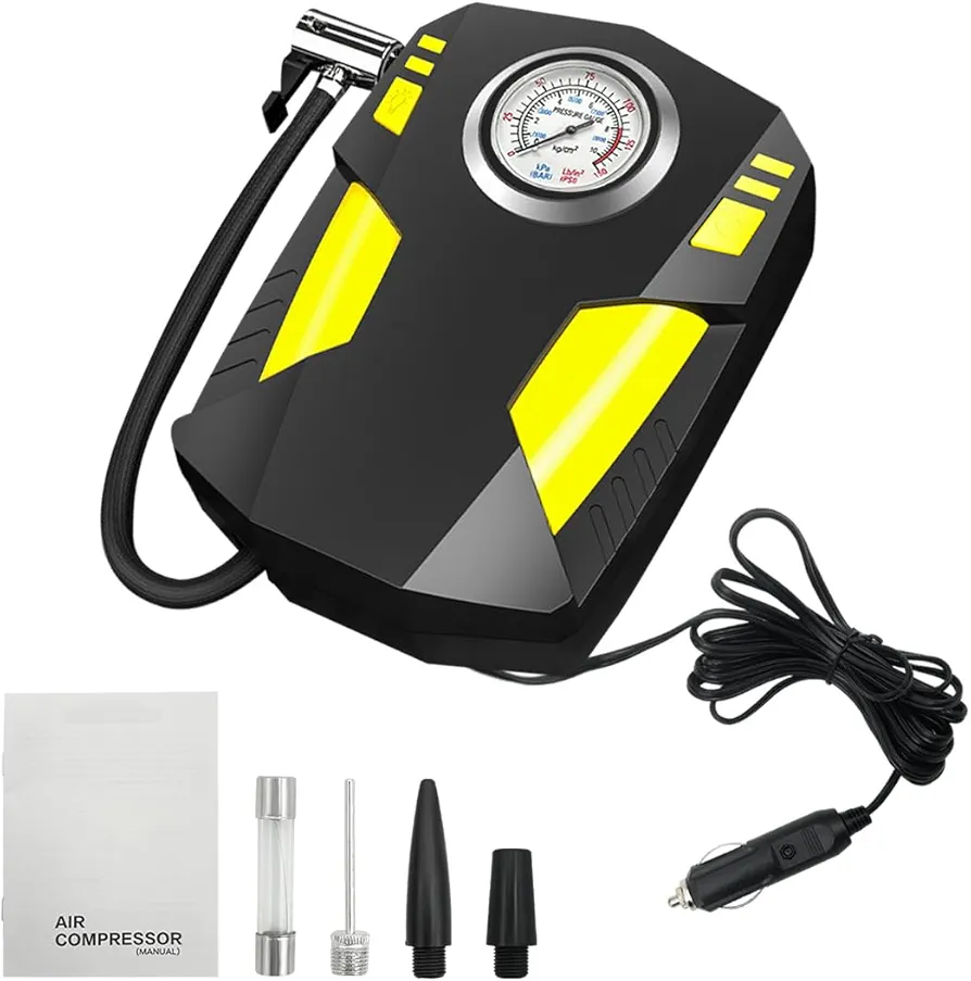 Tire Inflator Air Compressor, 12V Car Tire Pump with Pointer Pressure Gauge, Portable Shut Off with LED Light for Car Tires, Bicycles & Other Inflatables, Car Accessories