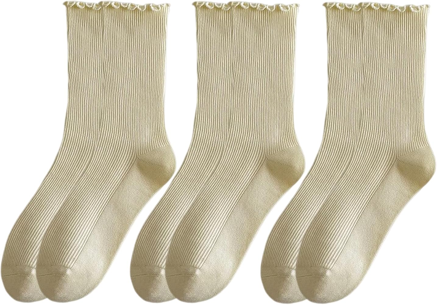 MarJunSep Women's Cute Ruffle Frilly Socks Neutral Thin Cotton Knit Crew Socks Ribbed Slouch Lettuce loafer Socks Teen Girls