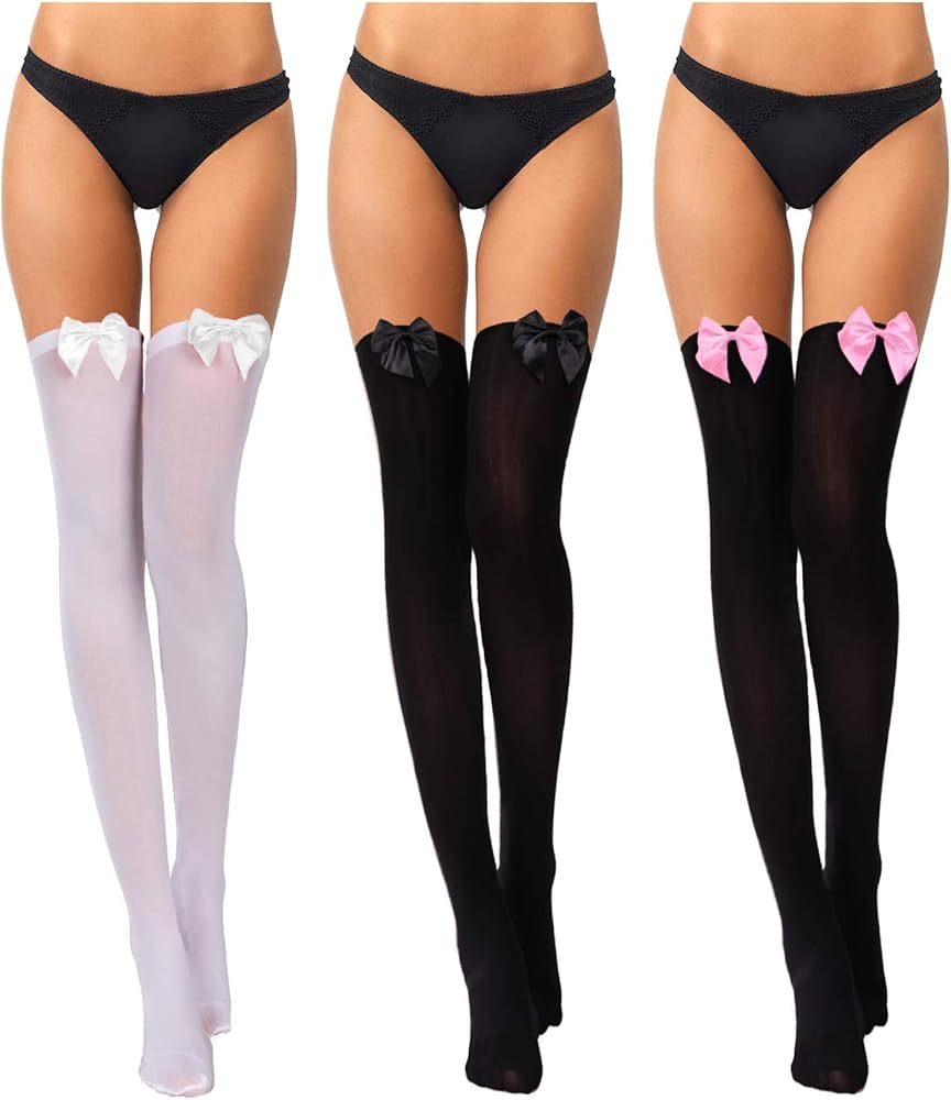 3 Pairs Thigh Highs Stockings Thigh High Socks with Bow for Women over Knee High Lingerie Stockings for Daily Wear Cosplay