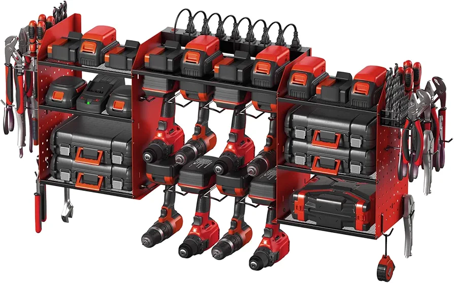 CCCEI Red Large Tools Organizer Wall Mount Charging Station, 39 Inch Long Power Tool Battery Storage Rack with 10FT Power Strip. 8 Drill Holder, Garage Utility Shelves. Pegboard Hanging Extension.