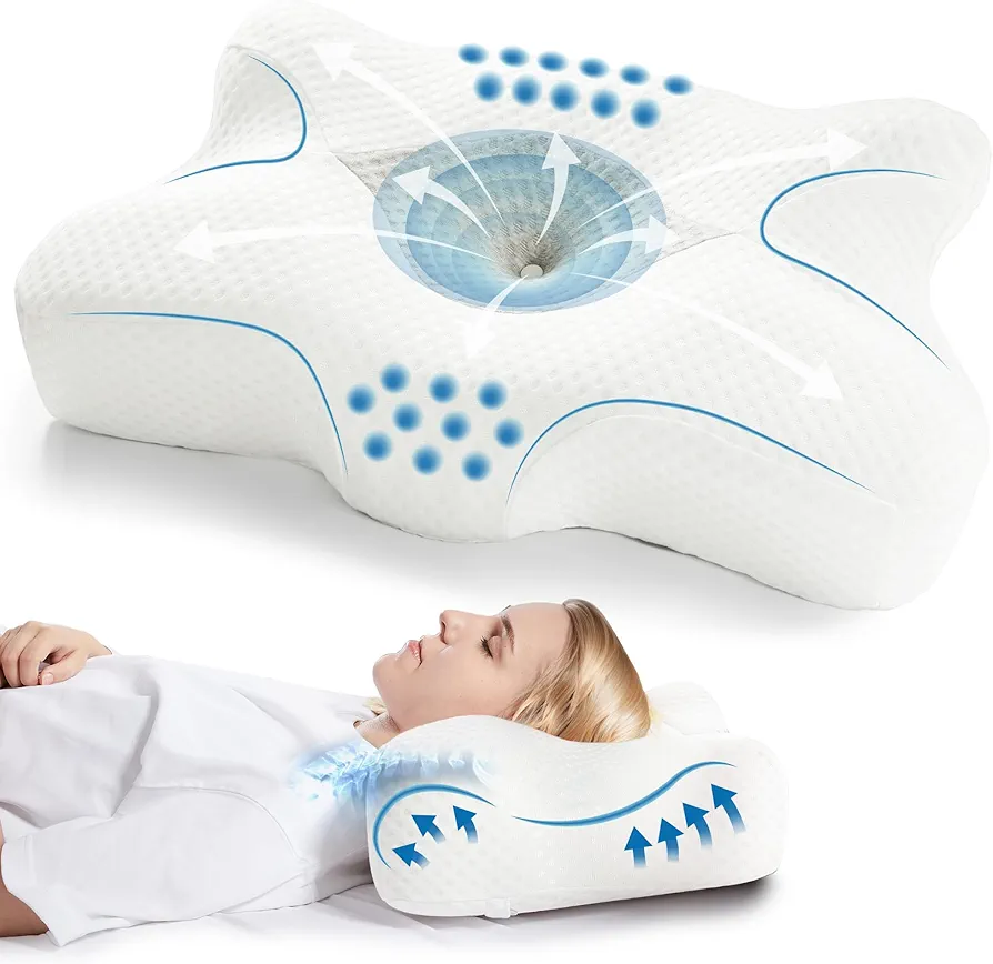 Deconovo Cervical Memory Foam Pillow, Cervical Pillow for Neck Pain Relief, Neck Pillow - Ergonomic Orthopedic Contour Neck Support Pillow with Dual Height Options, Queen Size- White and Grey