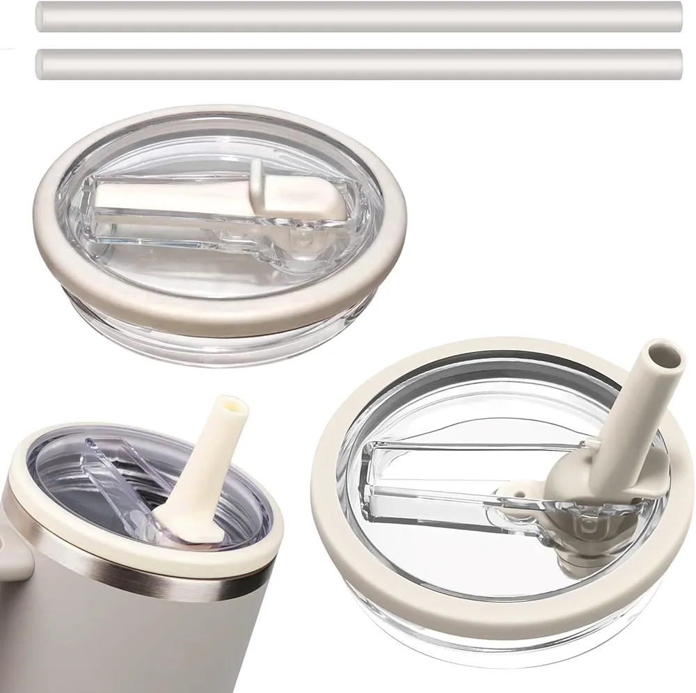 40 OZ Tumbler Flip Straw Lid Replacement Fit for Stanley Quencher, 2 Pcs Leak Proof Spill Proof Reusable Tumbler Lids Compatible with Stanley Cup Accessories(Cream)
