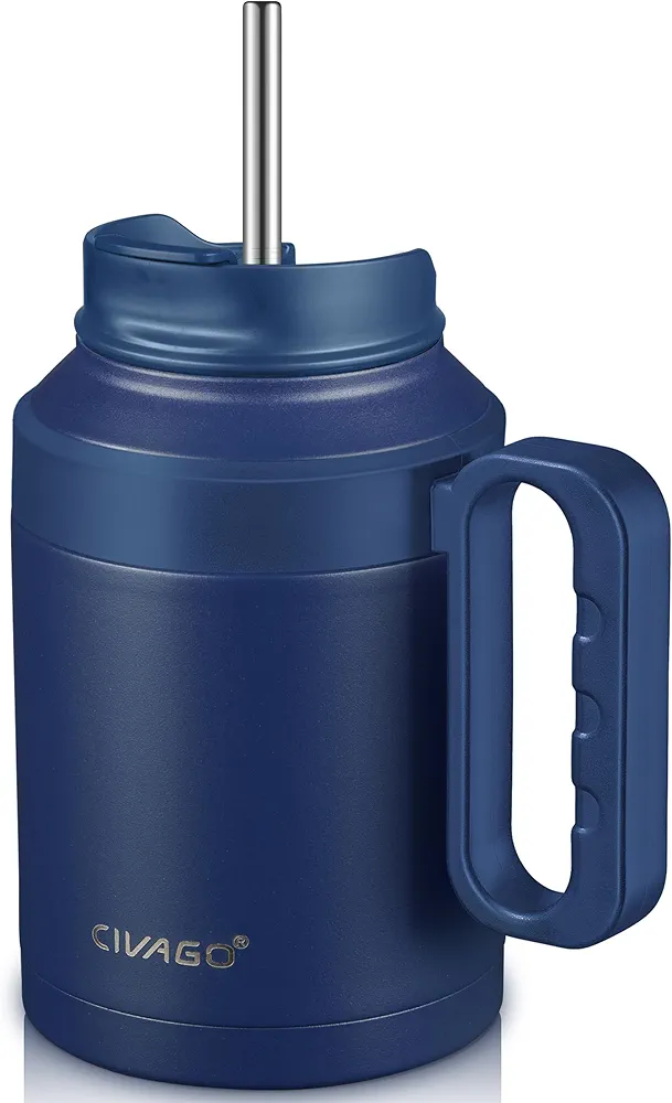 CIVAGO 50 oz Insulated Tumbler Mug with Lid and Straw, Vacuum Travel Coffee Mug with Handle, Double Wall Stainless Steel Water Cup Bottle, Navy Blue