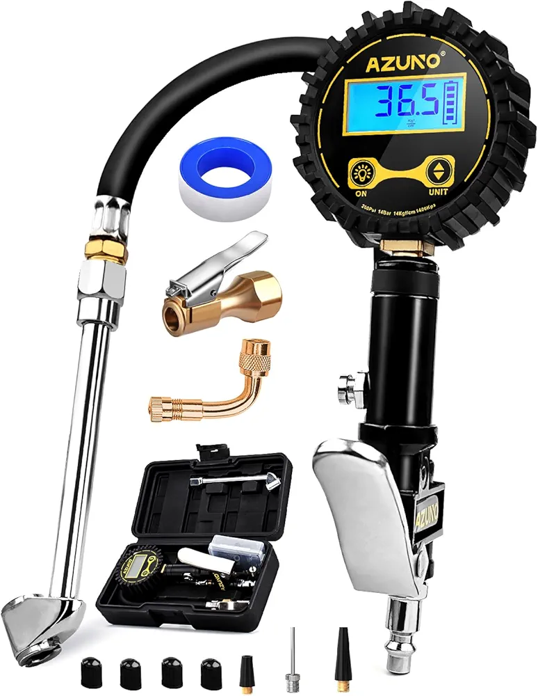 AZUNO Digital Tire Inflator with Pressure Gauge, 200 PSI, Heavy Duty Air Compressor Accessories, Comes with a Portable Carrying Box