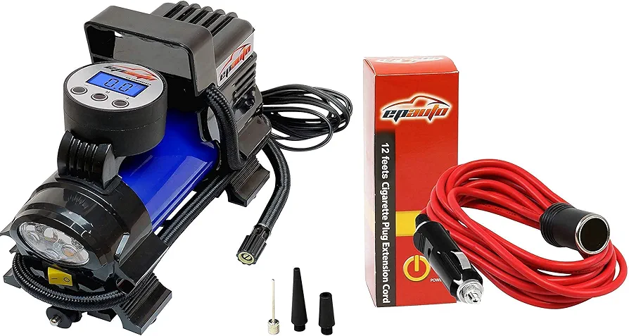 EPAuto 12V DC Portable Air Compressor Pump, Digital Tire Inflator + 12' Foot Heavy Duty Extension Cord with Cigarette Lighter Plug Socket
